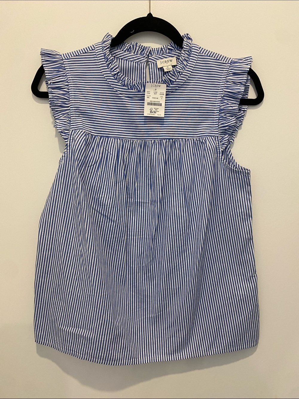 J. Crew Blue and White Striped Ruffle Sleeve Top